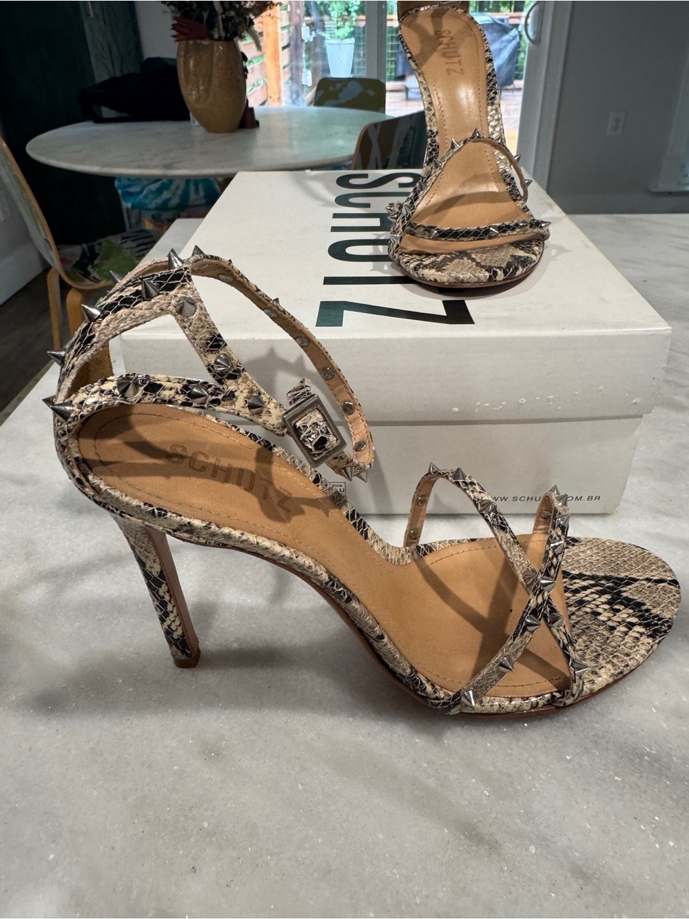 SCHUTZ Beige and Black Spiked Snake-Print Strappy Heeled Sandals - Picture 2 of 4